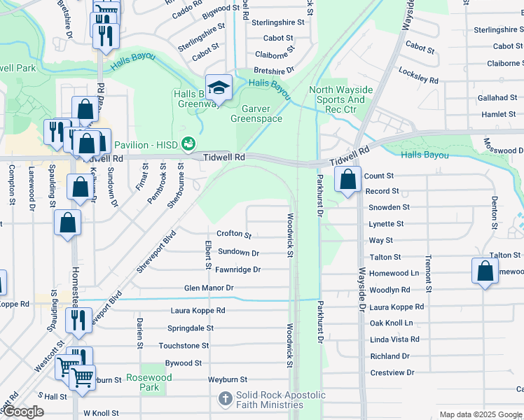 map of restaurants, bars, coffee shops, grocery stores, and more near 7618 Teesdale Drive in Houston