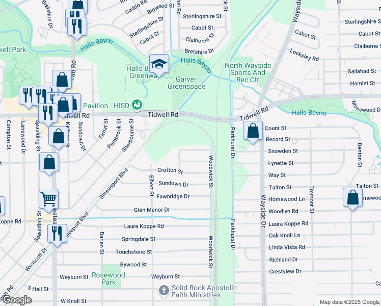 map of restaurants, bars, coffee shops, grocery stores, and more near 7618 Teesdale Drive in Houston