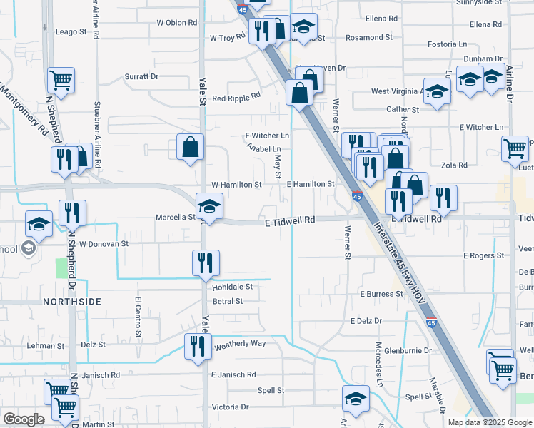 map of restaurants, bars, coffee shops, grocery stores, and more near 226 East Tidwell Road in Houston