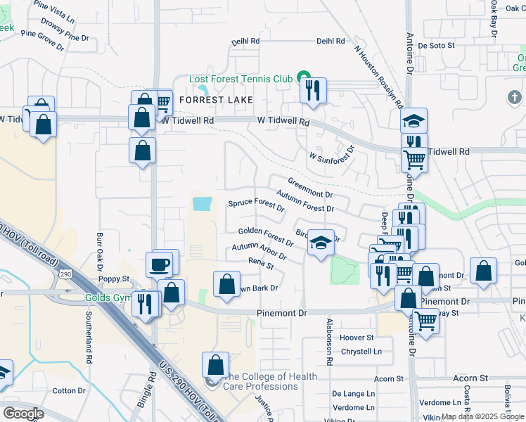 map of restaurants, bars, coffee shops, grocery stores, and more near 6154 Birchmont Drive in Houston