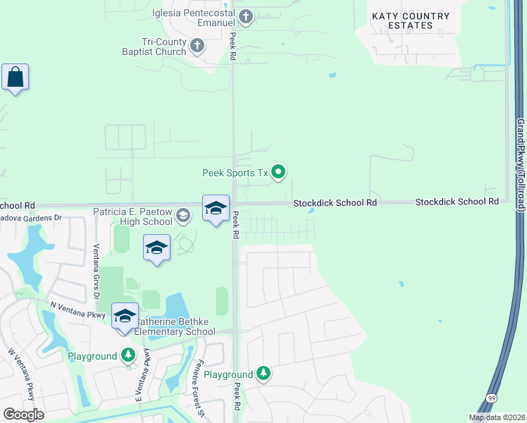 map of restaurants, bars, coffee shops, grocery stores, and more near 22701-22799 Stockdick School Road in Katy