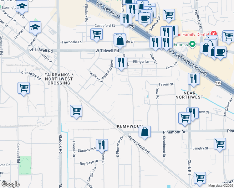 map of restaurants, bars, coffee shops, grocery stores, and more near 8135 Leghorn Street in Houston