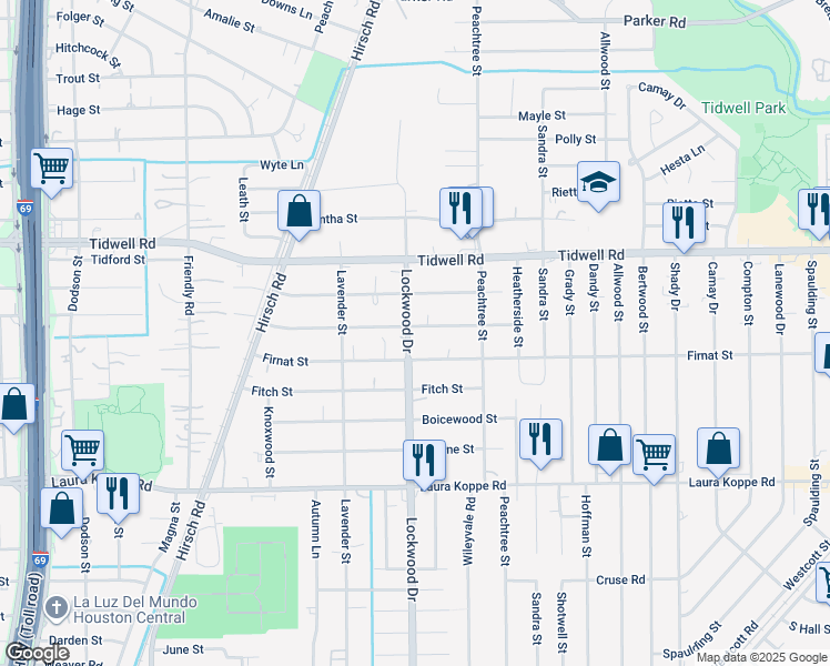 map of restaurants, bars, coffee shops, grocery stores, and more near 9222 Lockwood Drive in Houston