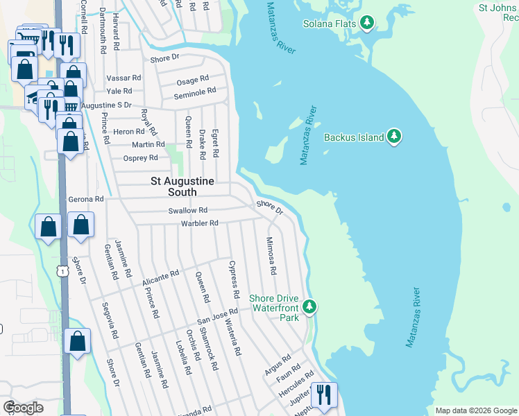 map of restaurants, bars, coffee shops, grocery stores, and more near 2402 Shore Drive in St. Augustine