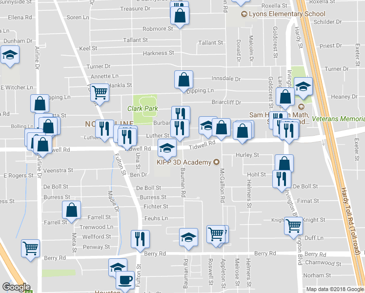 map of restaurants, bars, coffee shops, grocery stores, and more near 9405 Bauman Road in Houston