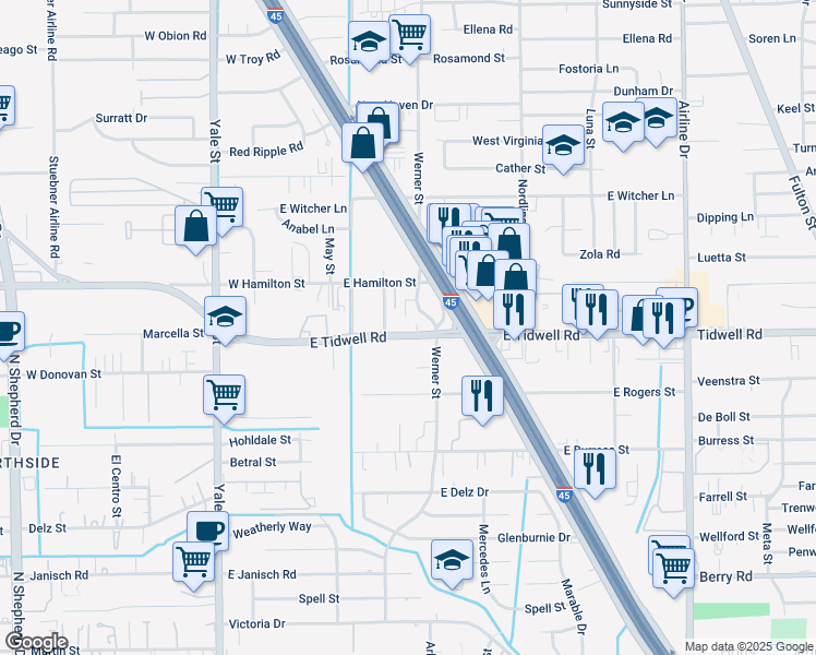 map of restaurants, bars, coffee shops, grocery stores, and more near 415 East Tidwell Road in Houston