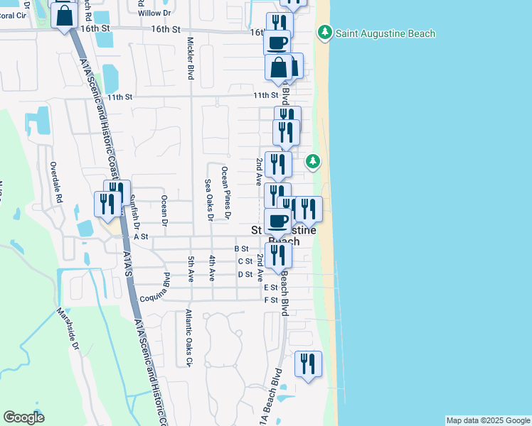 map of restaurants, bars, coffee shops, grocery stores, and more near 112 1st Street in St. Augustine