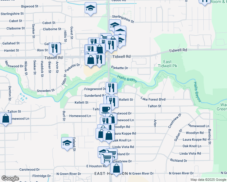 map of restaurants, bars, coffee shops, grocery stores, and more near 9228 Mesa Drive in Houston