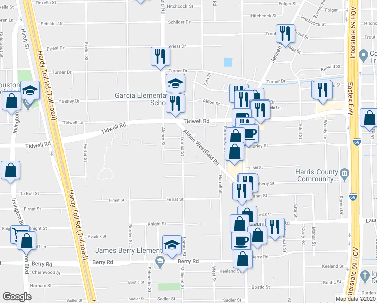 map of restaurants, bars, coffee shops, grocery stores, and more near 2331 Pennington Street in Houston
