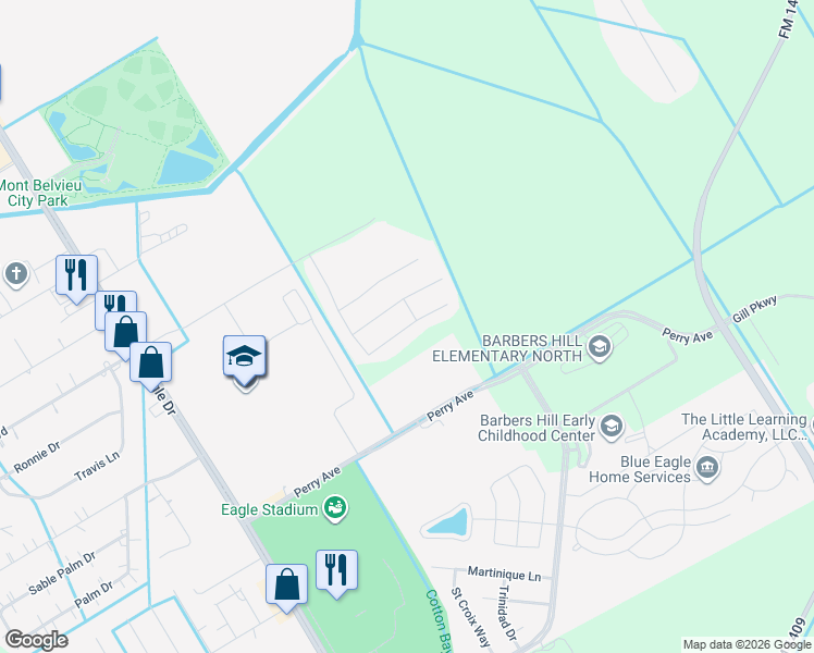 map of restaurants, bars, coffee shops, grocery stores, and more near 3830 Cypress Point Drive in Mont Belvieu
