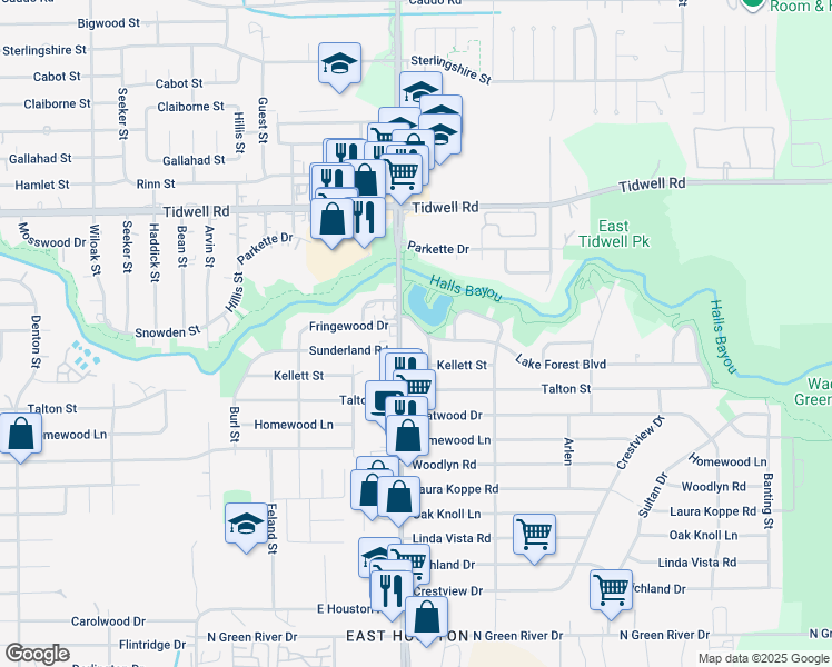 map of restaurants, bars, coffee shops, grocery stores, and more near 9228 Mesa Drive in Houston