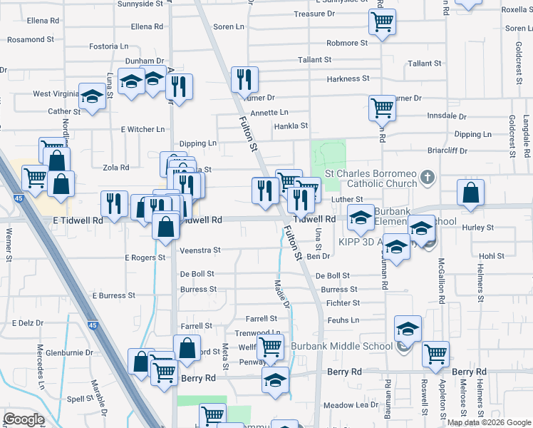 map of restaurants, bars, coffee shops, grocery stores, and more near 59 Tidwell Road in Houston