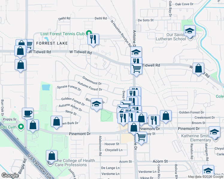 map of restaurants, bars, coffee shops, grocery stores, and more near 5842 Silver Forest Drive in Houston