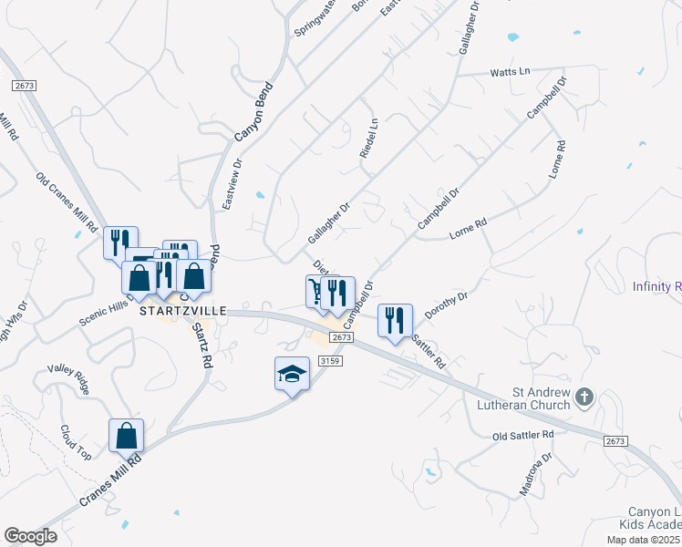 map of restaurants, bars, coffee shops, grocery stores, and more near 600 Dietert Lane in Canyon Lake