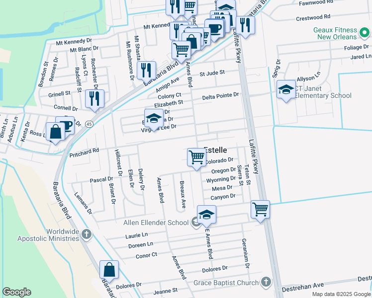 map of restaurants, bars, coffee shops, grocery stores, and more near 2729 Marisha Court in Marrero