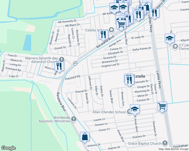 map of restaurants, bars, coffee shops, grocery stores, and more near 2812 Kirk Drive in Marrero