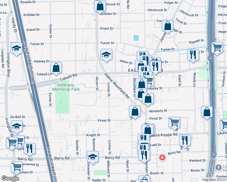 map of restaurants, bars, coffee shops, grocery stores, and more near 2405 Pennington Street in Houston