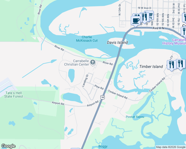 map of restaurants, bars, coffee shops, grocery stores, and more near Sandy Road in Carrabelle