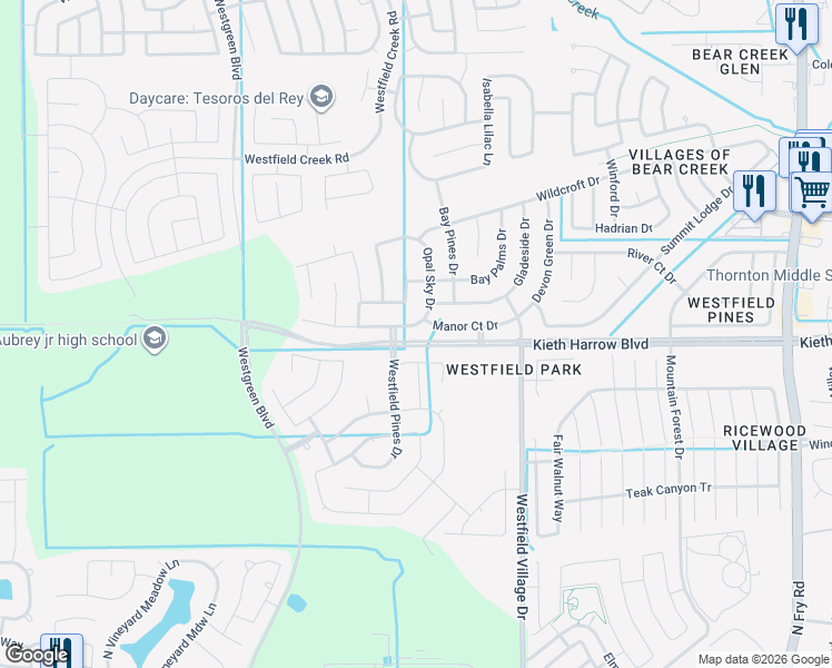 map of restaurants, bars, coffee shops, grocery stores, and more near 20730 Oakley Falls Drive in Katy