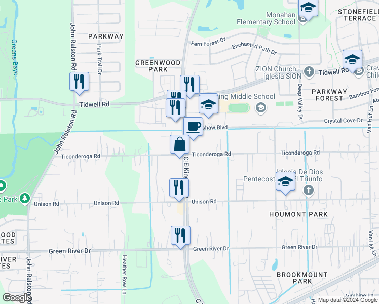 map of restaurants, bars, coffee shops, grocery stores, and more near 8451 C E King Parkway in Houston
