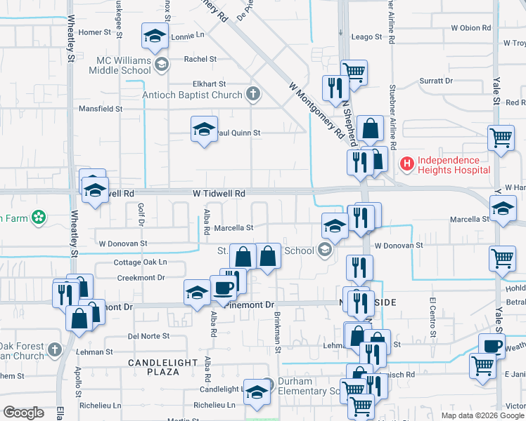 map of restaurants, bars, coffee shops, grocery stores, and more near 5411 Sue Marie Lane in Houston