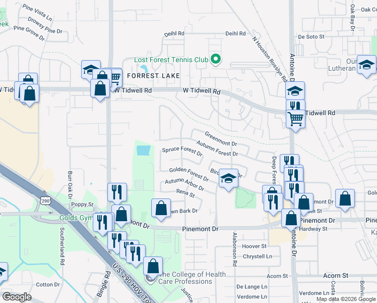 map of restaurants, bars, coffee shops, grocery stores, and more near 6154 Birchmont Drive in Houston