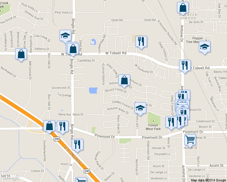 map of restaurants, bars, coffee shops, grocery stores, and more near 6154 Birchmont Drive in Houston
