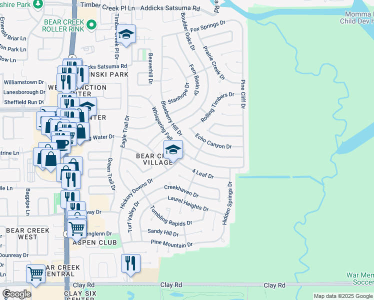 map of restaurants, bars, coffee shops, grocery stores, and more near 4809 Whispering Falls Drive in Houston