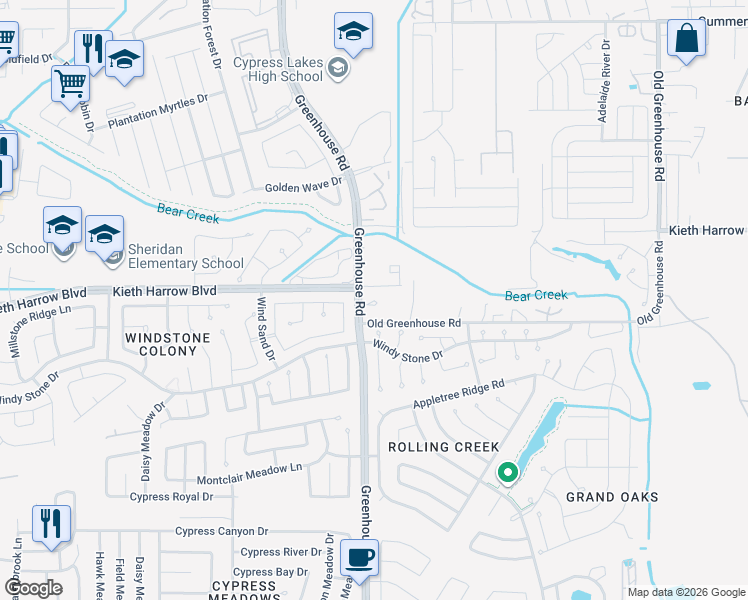 map of restaurants, bars, coffee shops, grocery stores, and more near 4871 Greenhouse Road in Houston