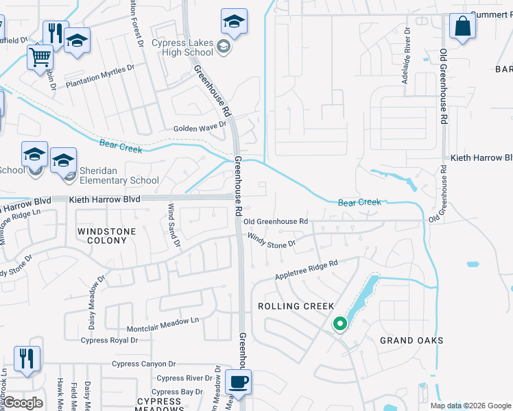 map of restaurants, bars, coffee shops, grocery stores, and more near 4854 Greenhouse Road in Katy