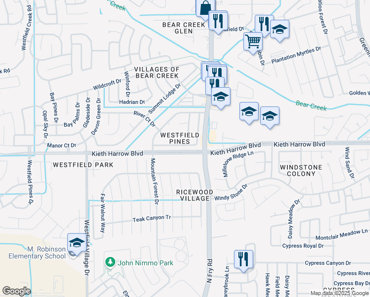 map of restaurants, bars, coffee shops, grocery stores, and more near 21135 Woodland Green Drive in Katy