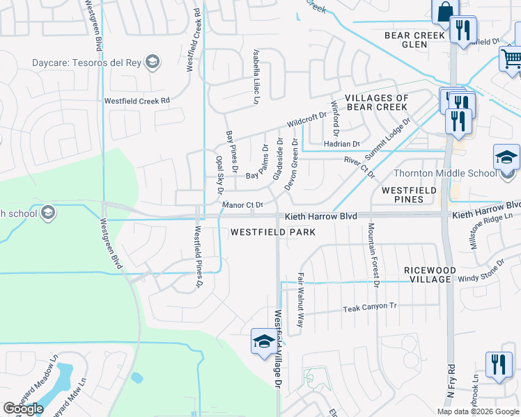 map of restaurants, bars, coffee shops, grocery stores, and more near 21715 Manor Court Drive in Katy