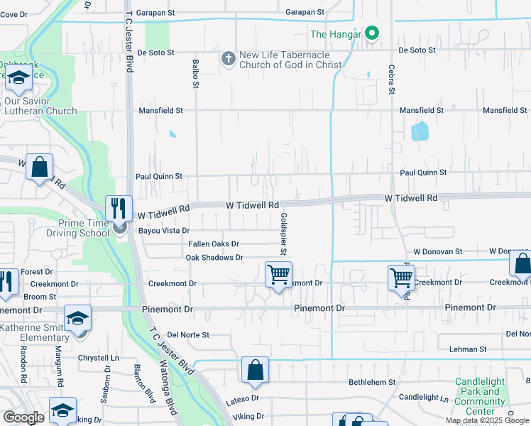 map of restaurants, bars, coffee shops, grocery stores, and more near 5507 Karelian Drive in Houston