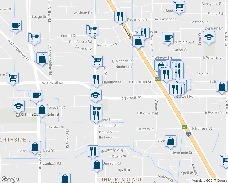 map of restaurants, bars, coffee shops, grocery stores, and more near 102 West Tidwell Road in Houston