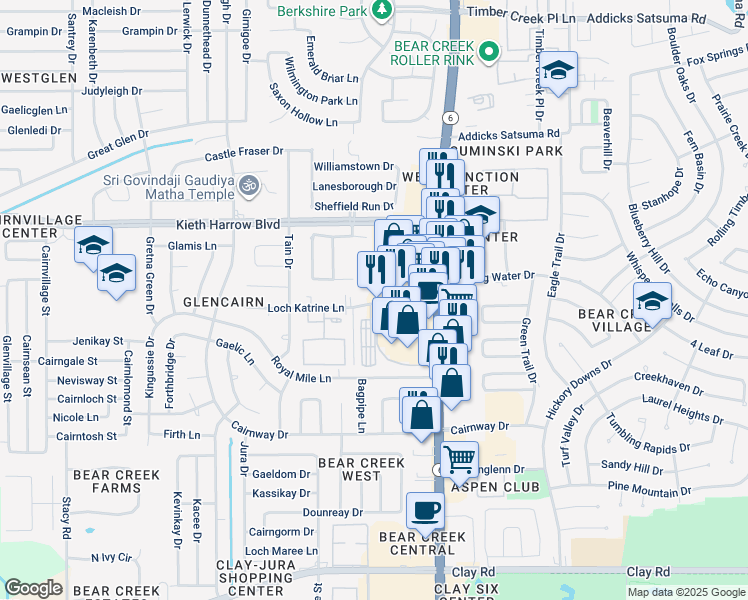 map of restaurants, bars, coffee shops, grocery stores, and more near 16383 Loch Katrine Lane in Houston