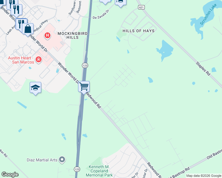 map of restaurants, bars, coffee shops, grocery stores, and more near 1615 Redwood Road in San Marcos