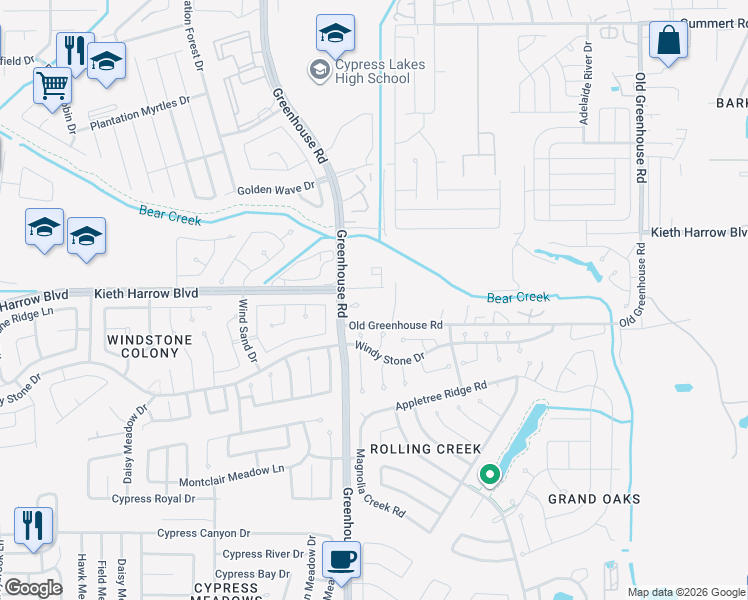map of restaurants, bars, coffee shops, grocery stores, and more near 4854 Greenhouse Road in Katy