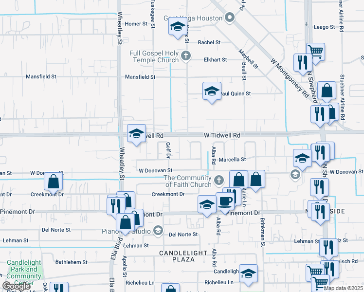 map of restaurants, bars, coffee shops, grocery stores, and more near 5407 Candlecrest Drive in Houston