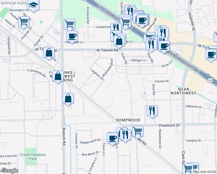 map of restaurants, bars, coffee shops, grocery stores, and more near 8135-8199 Leghorn St in Houston