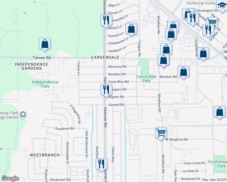 map of restaurants, bars, coffee shops, grocery stores, and more near 10134 Algiers Road in Houston