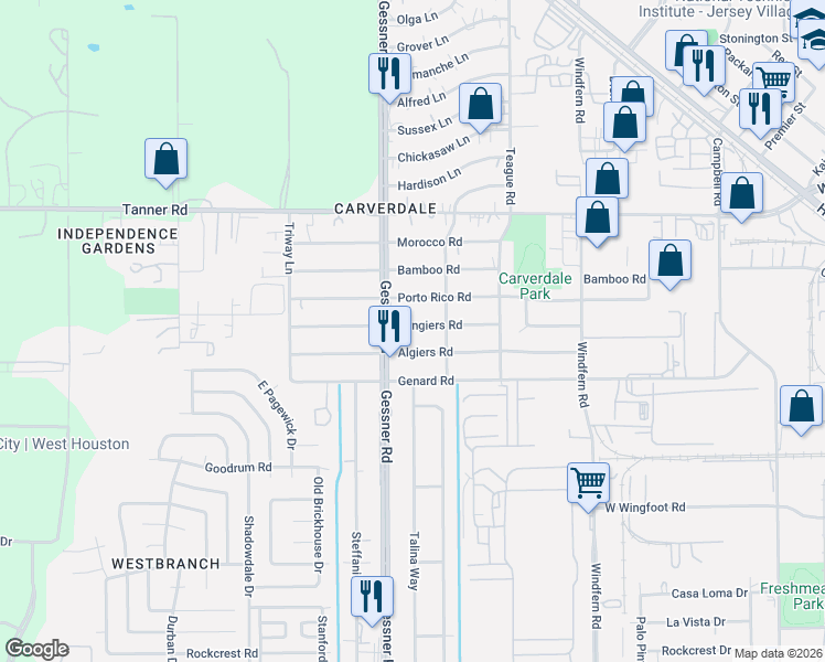 map of restaurants, bars, coffee shops, grocery stores, and more near 10134 Algiers Road in Houston