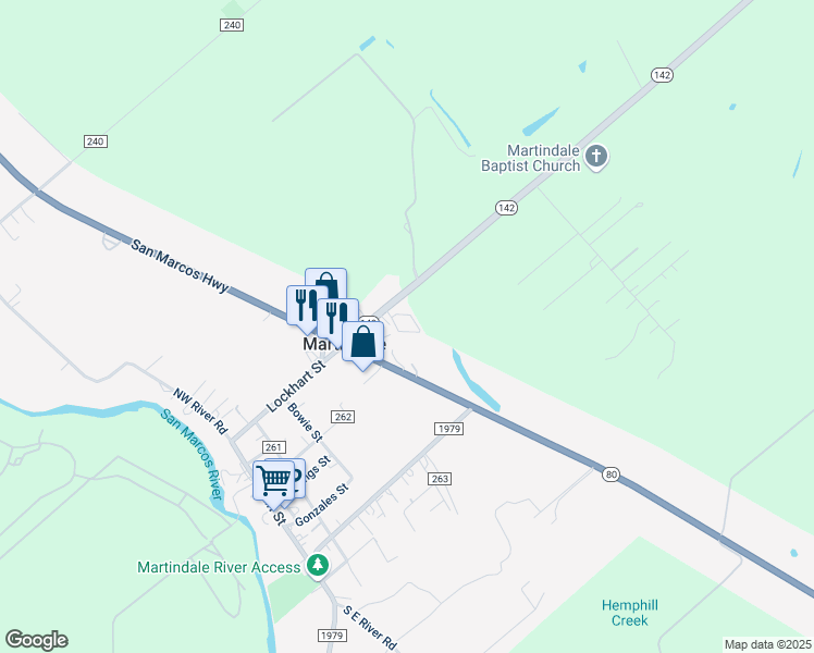 map of restaurants, bars, coffee shops, grocery stores, and more near 16812 San Marcos Highway in Martindale