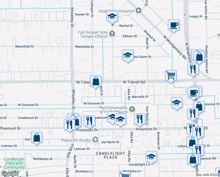 map of restaurants, bars, coffee shops, grocery stores, and more near 5407 Candlecrest Drive in Houston