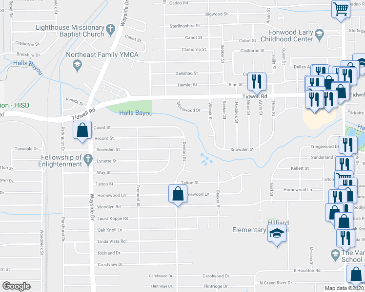 map of restaurants, bars, coffee shops, grocery stores, and more near 8189 Snowden Street in Houston