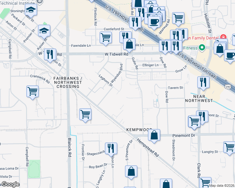 map of restaurants, bars, coffee shops, grocery stores, and more near 8135-8199 Leghorn St in Houston