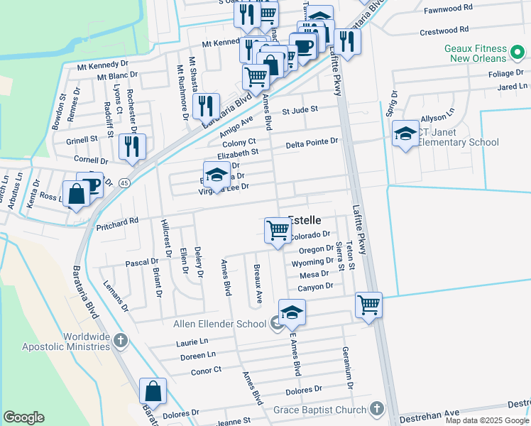 map of restaurants, bars, coffee shops, grocery stores, and more near 2729 Marisha Court in Marrero