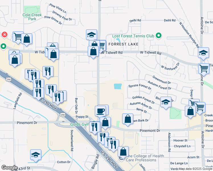 map of restaurants, bars, coffee shops, grocery stores, and more near 6623 Grovecrest Street in Houston