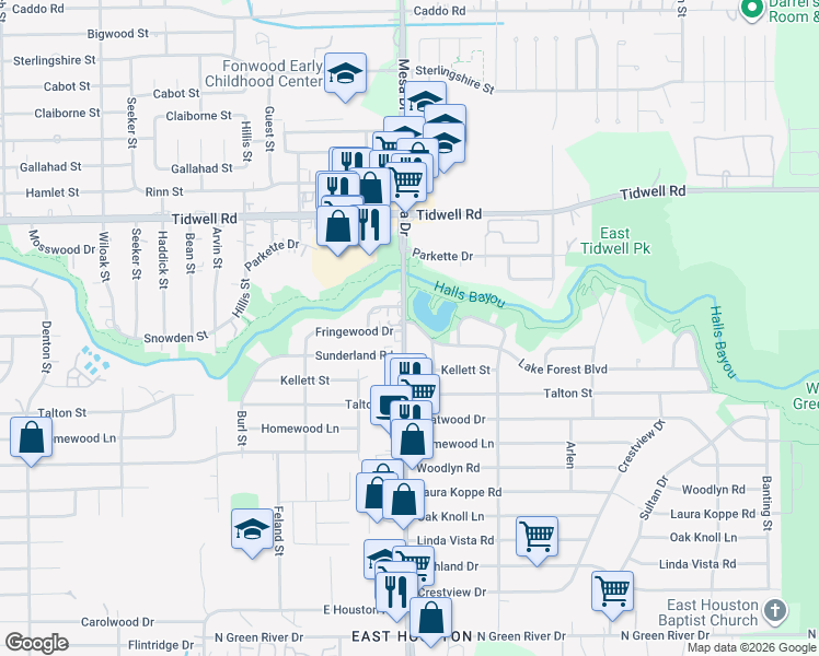 map of restaurants, bars, coffee shops, grocery stores, and more near 9228 Mesa Drive in Houston