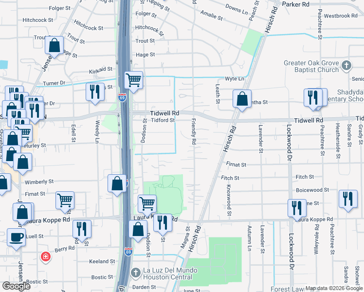 map of restaurants, bars, coffee shops, grocery stores, and more near 9161 Friendly Road in Houston