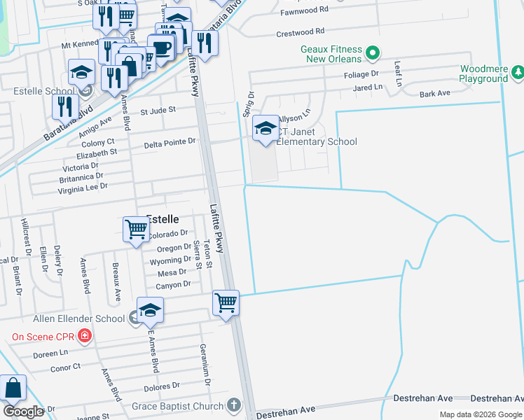 map of restaurants, bars, coffee shops, grocery stores, and more near 2852 Sprig Drive in Marrero